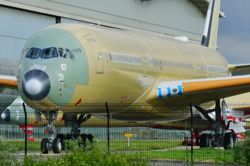 TOULOUSE, FRANCE -12 MAY 2017- View of an Airbus A350 airplane in construction at the Airbus factory at the Toulouse Blagnac international airport (TLS).