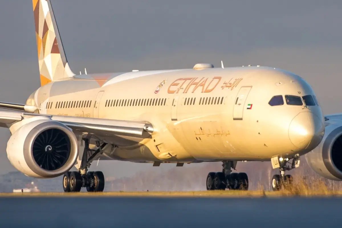Pulkovo International Airport, Saint-Petersburg, Russia - 11.17.2023: ETIHAD Airways Boeing 787-9 taxiing to the stand.