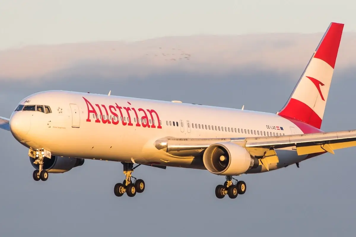 Vienna, Schwechat - January 07, 2023: A Boeing 767 long haul aircraft of austrian airline AUA landing at its homebase Vienna