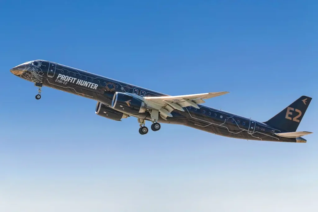 MOSCOW REGION, ZHUKOVSKY, RUSSIA - AUGUST 30, 2019: Flight of the Embraer E195-E2 ( Profit Hunter E 195-E2) at the International Aviation and Space Salon in Zhukovsky. MAX 2019.