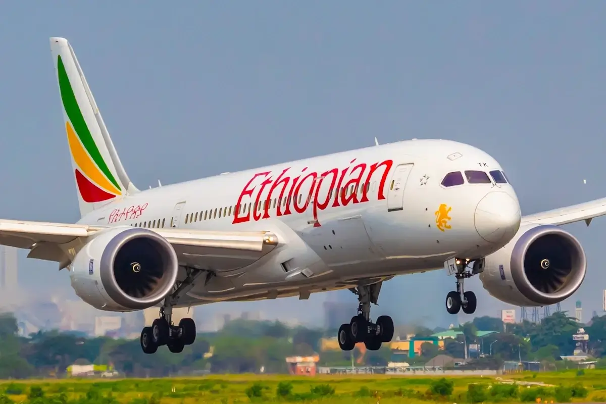 A Ethiopian Airlines Boeing 787-8 arriving at Soekarno Hatta Intl Airport in Jakarta, Indonesia.