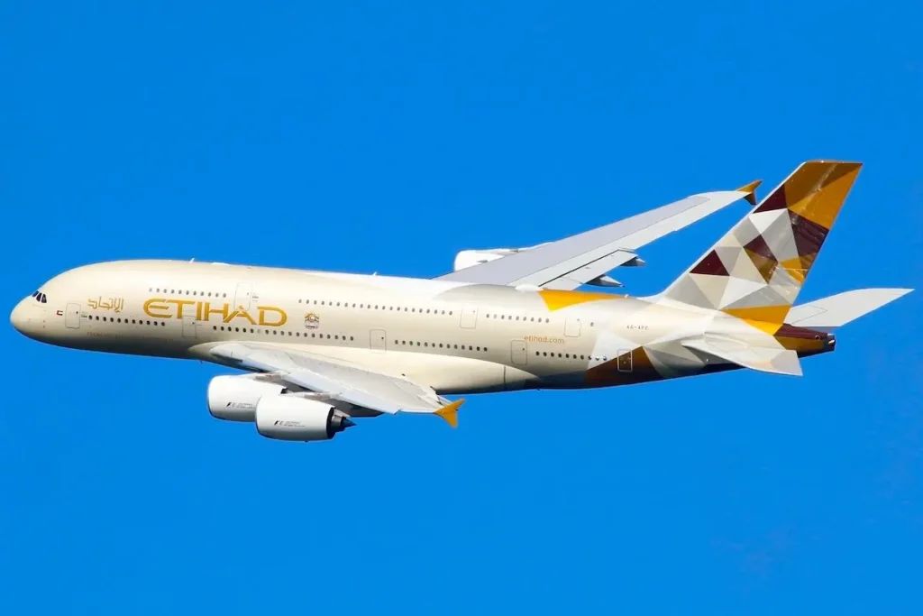 LONDON - AUGUST 28: An Etihad Airways Airbus A380 taking off on August 28, 2015 in London.
