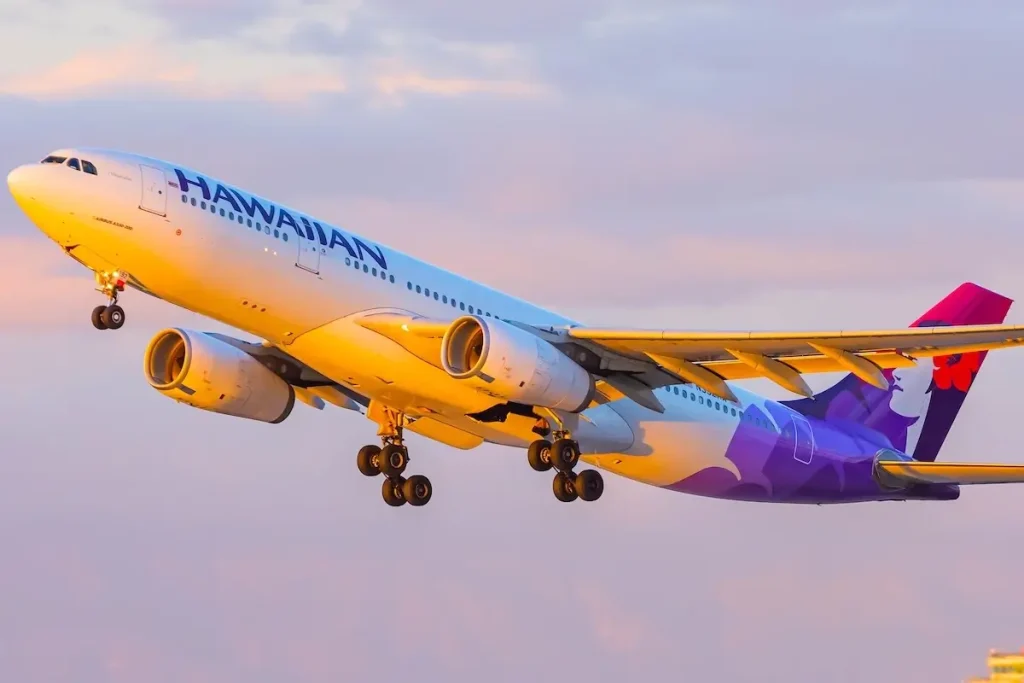 Los Angeles, California, USA - February 23, 2018: Hawaiian Airlines Airbus A330 is taking off from Los Angeles International Airport (LAX), carrying cargo and heading towards its destination.