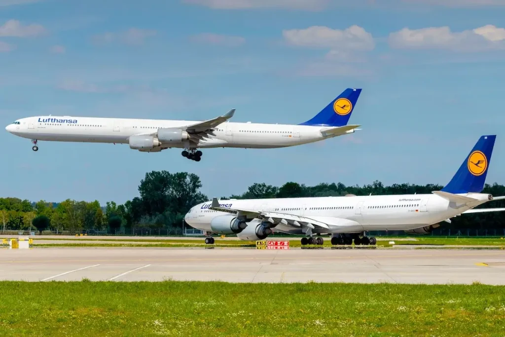 Munich, Germany - September 03. 2019 : Lufthansa Airbus A340-642 with the aircraft registration D-AIHW in the approach to the northern runway of the Munich airport MUC EDDM