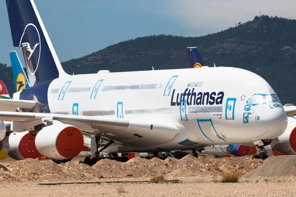 Lufthansa Airbus A380-800 stored at Teruel Airport, Spain.