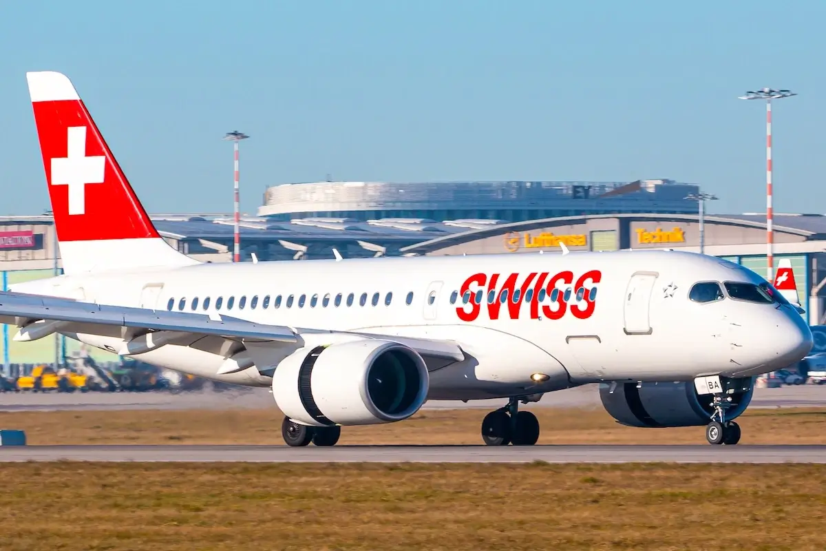 Stuttgart, Germany - December 30, 2019: Swiss International Airlines Airbus A220 airplane at Stuttgart airport (STR) in Germany. Airbus is an aircraft manufacturer from Toulouse, France.