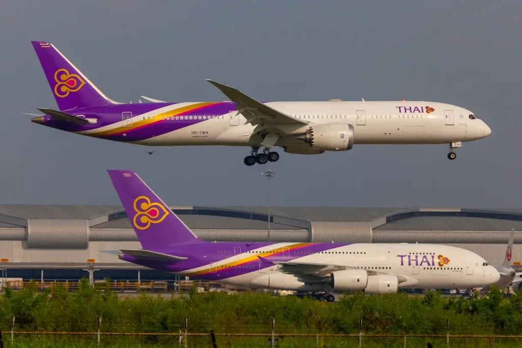 Thai airways Boeing 787-9 HS-TWA landing to Suwannabhum airport and Airbus A380-841 HS-TUC