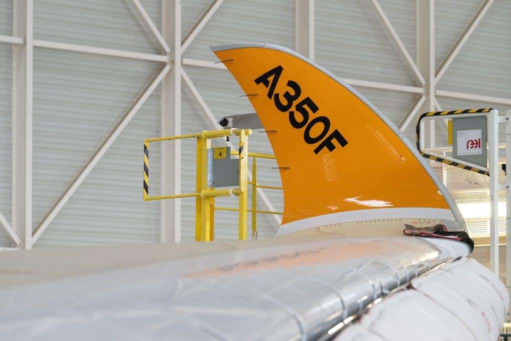 The winglet of the first newly announced dedicated freighter known as the Airbus A350F set to enter service with customers in the second half of 2027.