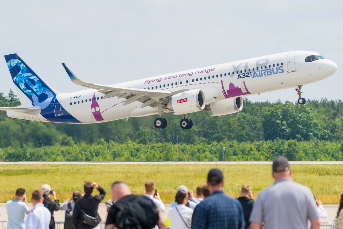 BERLIN - JUNE 06, 2024: Demonstration flight of the narrow-body airliner Airbus A321XLR. ILA Berlin Air Show 2024.