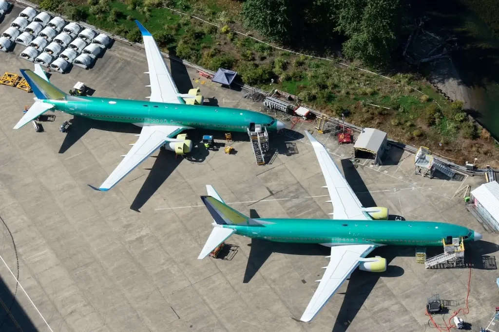 Renton, Washington / USA - September 09 2018: Two Boeing 737 NG parked outside the company factory at Renton Airport.