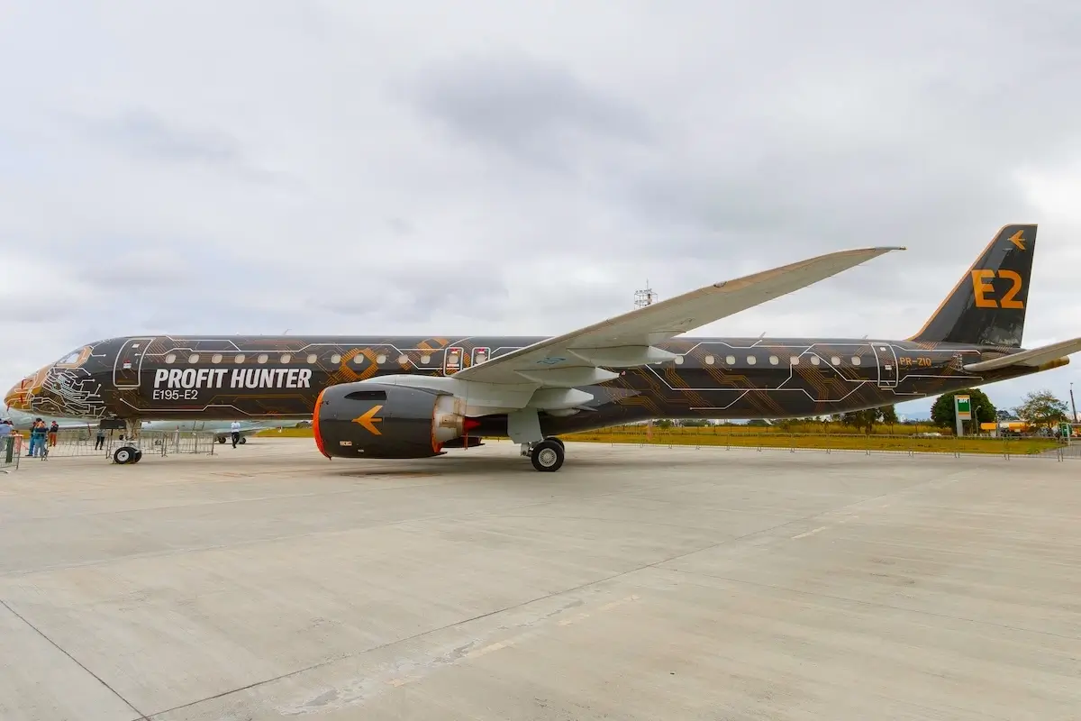 Embraer E-195 E2 Profit Hunter in Embraer house colors at São José dos Campos Airport, Brazil, on July 30, 2023.