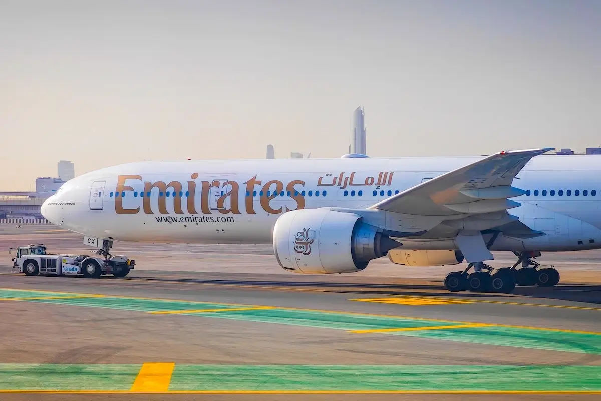 11 23 2025 - Dubai, UAE. Emirates airlines aircraft taxiing at Dubai International Airport