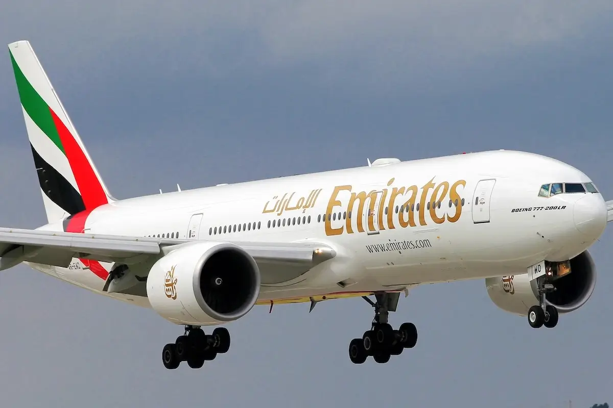 SAINT-PETERSBURG, RUSSIA - AUGUST 14, 2016: An Emirates Airlines's Boeing 777-200LR landing in Pulkovo Airport Russia