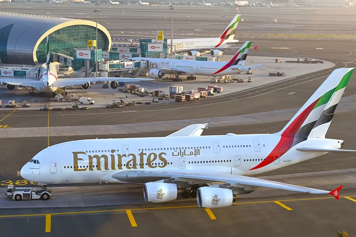 Emirates aircraft such as the Airbus A380 and Boeing 777 seen at the airlines home of Dubai International