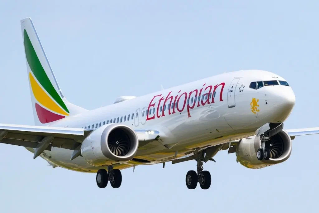 Everett, WA, USA - August 5, 2025; Ethiopian Airlines Boeing 737 Max 8 approaching with landing gear down registration ET-BAM