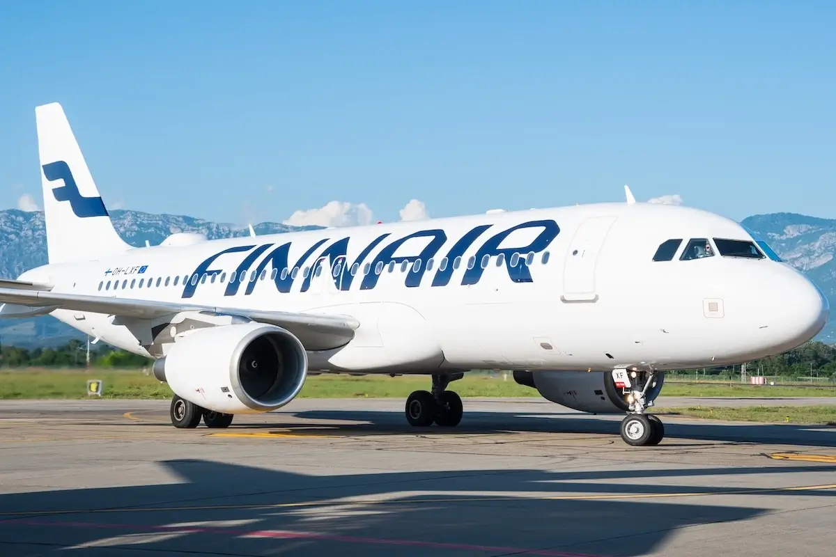 Tirana Albania, July 6. 2023: Finnair Airbus A320 jet at Tirana international airport