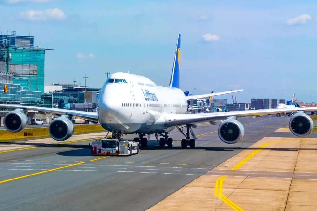 Frankfurt, Germany - May 17, 2022: lufthansa boeing 747-8 at the taxiway on the way to runway.