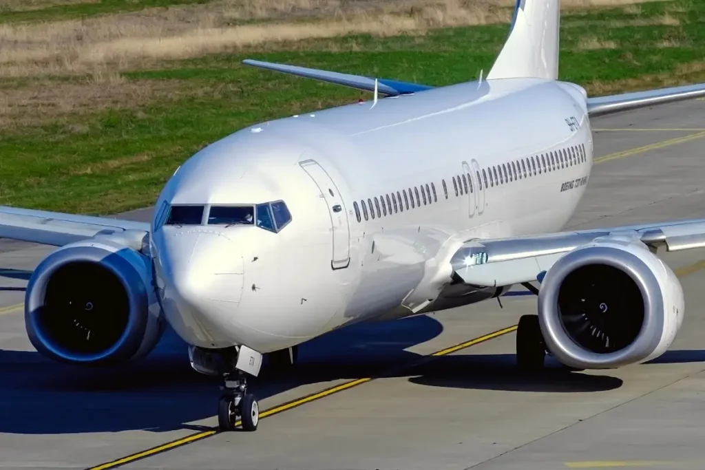 Trabzon Turkey - January 18 2025: A white unbranded Boeing 737 MAX is taxiing on the runway at the coastal Trabzon Airport a modern and efficient narrow body passenger airplane