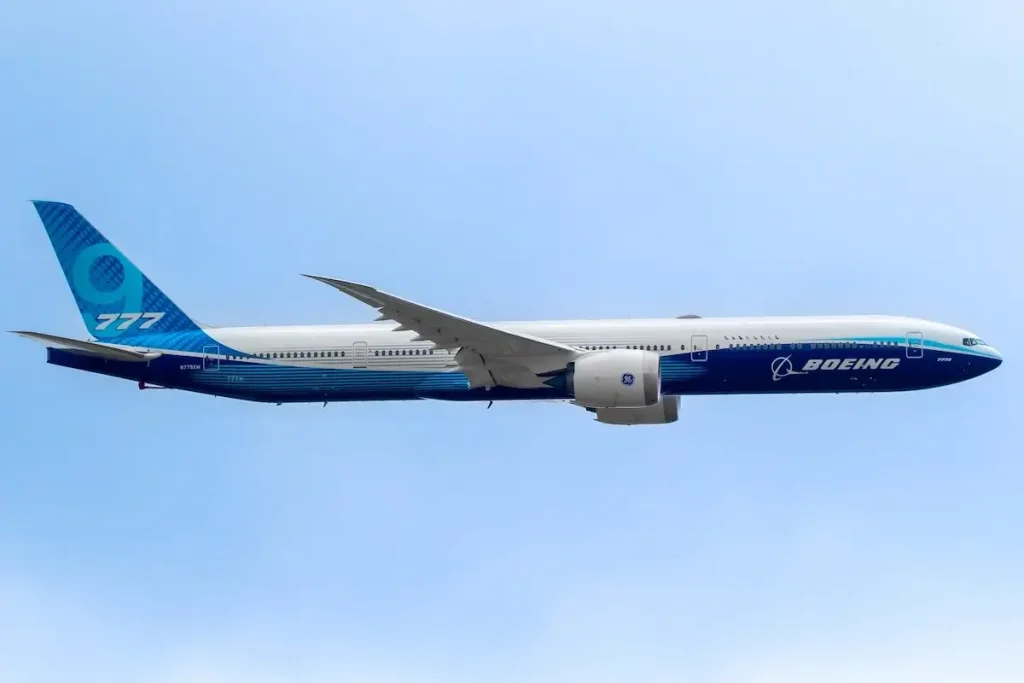 Boeing 777X passenger plane flying during the Paris Air Show. Le Bourget, France - June 22, 2023