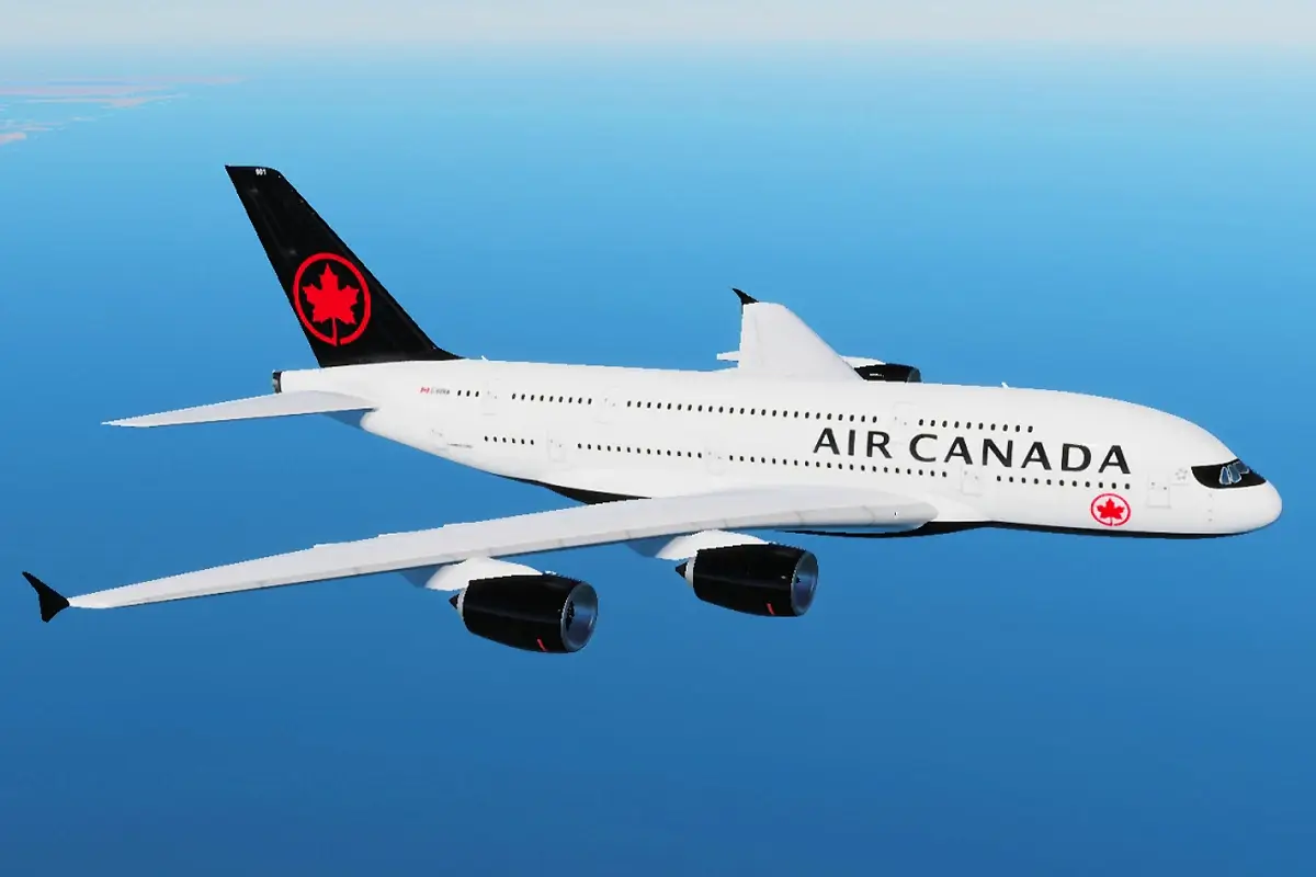 A rendering of an Airbus A380-800 with the Air Canada livery