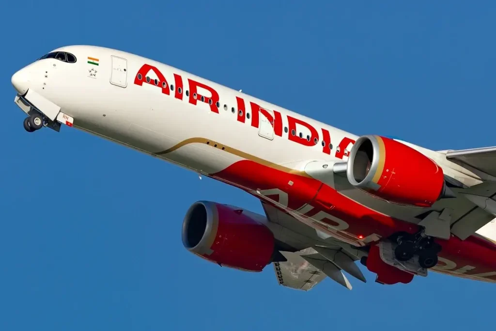 London, Heathrow UK, Oct 27, 2024 - Air India, an Indian airline's Airbus A350 in the new livery taking off in a clear blue sky