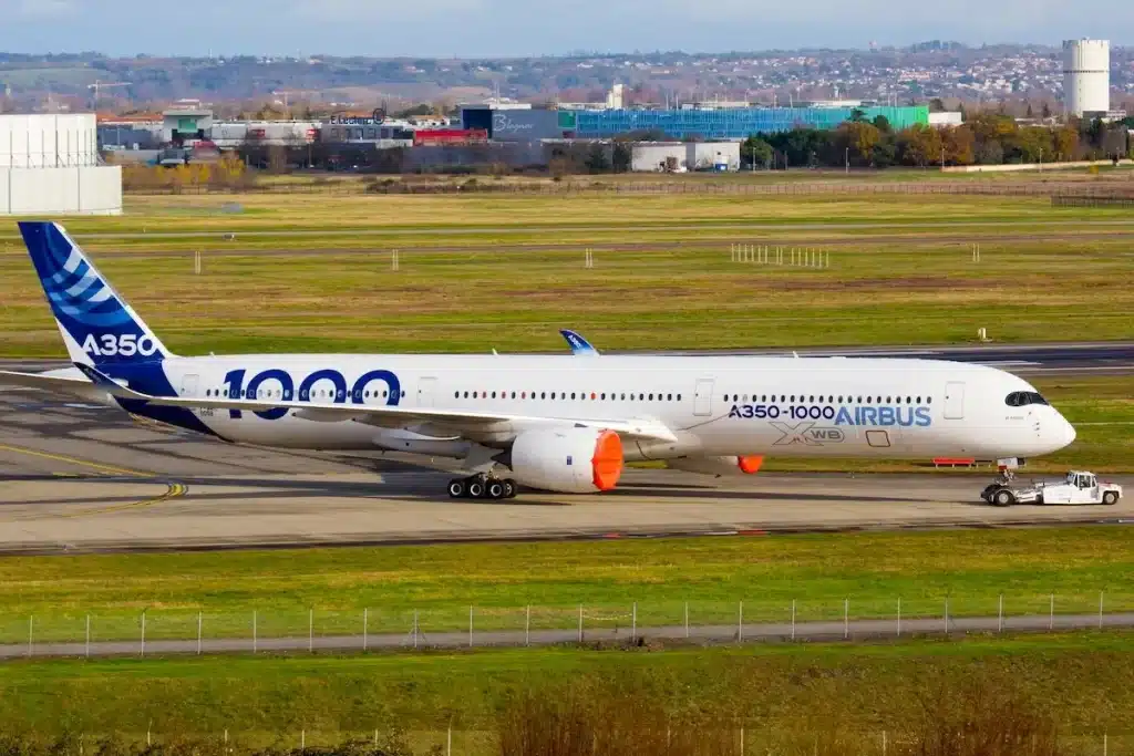 Toulouse / France - 12.17.2018. Blagnac Airport, Airbus Plant. Prototype of modern passenger aircraft Airbus A350-1000 XWB.