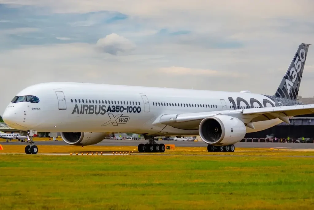 Farnborough, Hampshire, UK - July 16 2018: Airbus A350-1000 XWB taxiing off the runway at Farnborough air show 2018