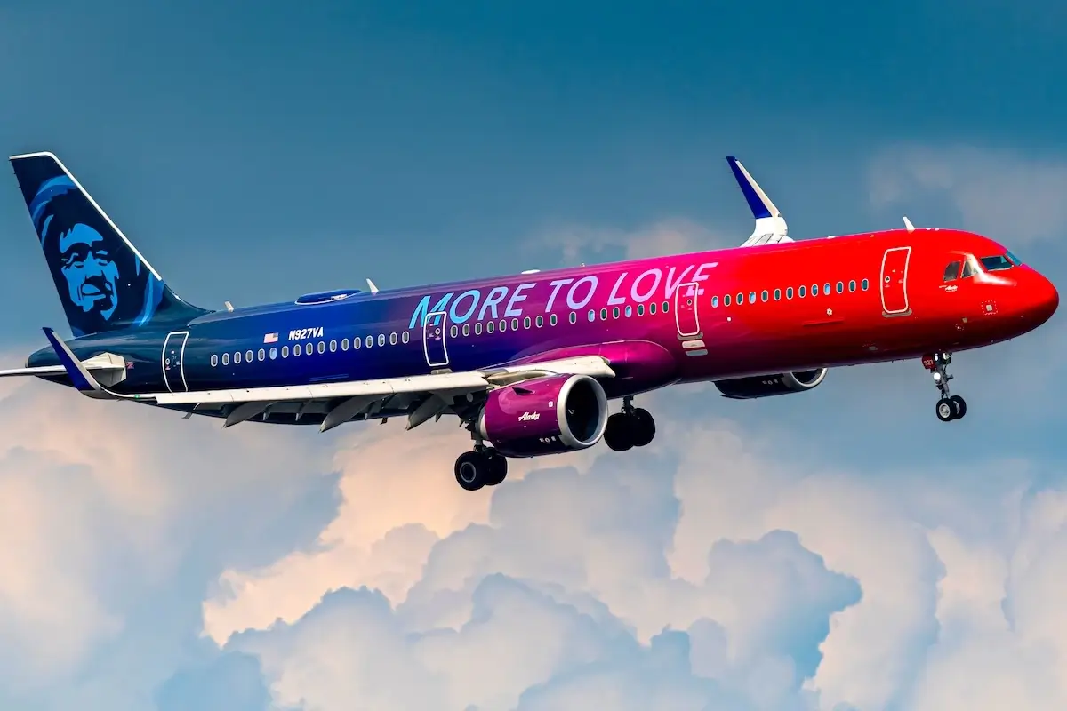 Washington, D.C.-July 15, 2021: Alaska Airlines Airbus A321 "More to Love" landing at Ronald Reagan National Airport