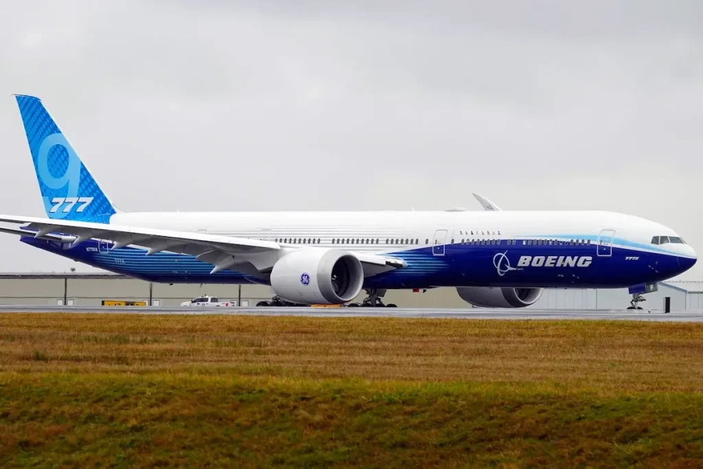 Everette, Washington, USA - Jan 24, 2020: The brand-new Boeing 777X taxis at Paine Field for its maiden flight.