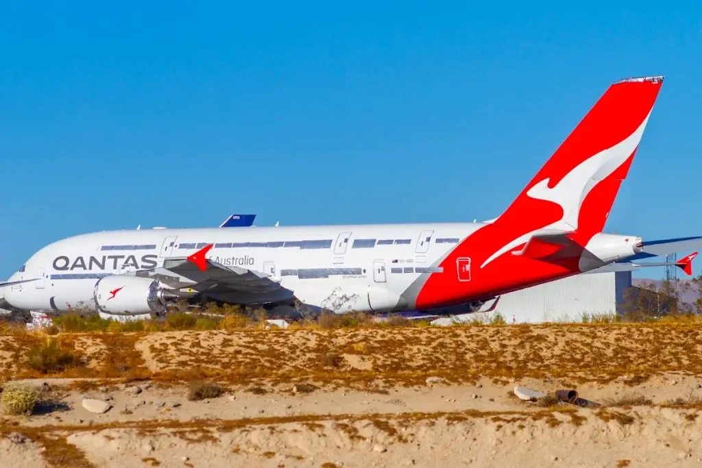 Victorville, CA, USA – December 22, 2020: A Qantas Airways passenger airplane is stored at Southern California Logistics Airport in Victorville, California.