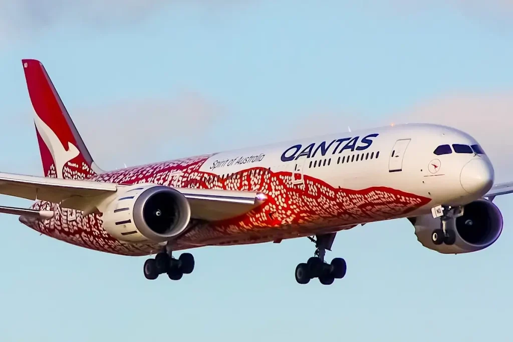 Grapevine, Texas – December 14 2023: A Boeing 787-9 Dreamliner of Qantas arriving at Dallas Fort Worth International Airport.