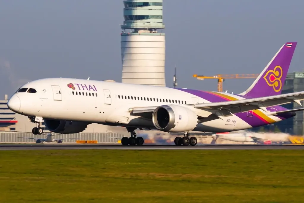 Vienna / Austria - April 18, 2019: Thai Airways Boeing 787-8 Dreamliner HS-TQA passenger plane arrival and landing at Vienna International Airport