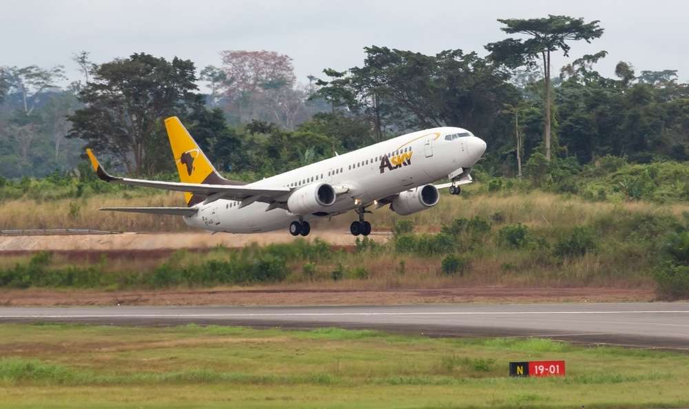 Yaoundé, Cameroon - September 17, 2022: ASKY Boeing 737-800 registered ET-AXI taking off