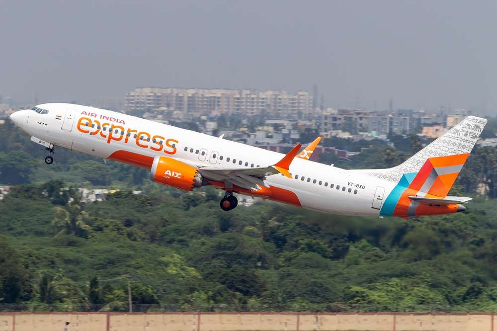 Chennai, India - October 7 2025: An Air India Express Boeing 737 MAX 8 aircraft taking off from Chennai Airport.