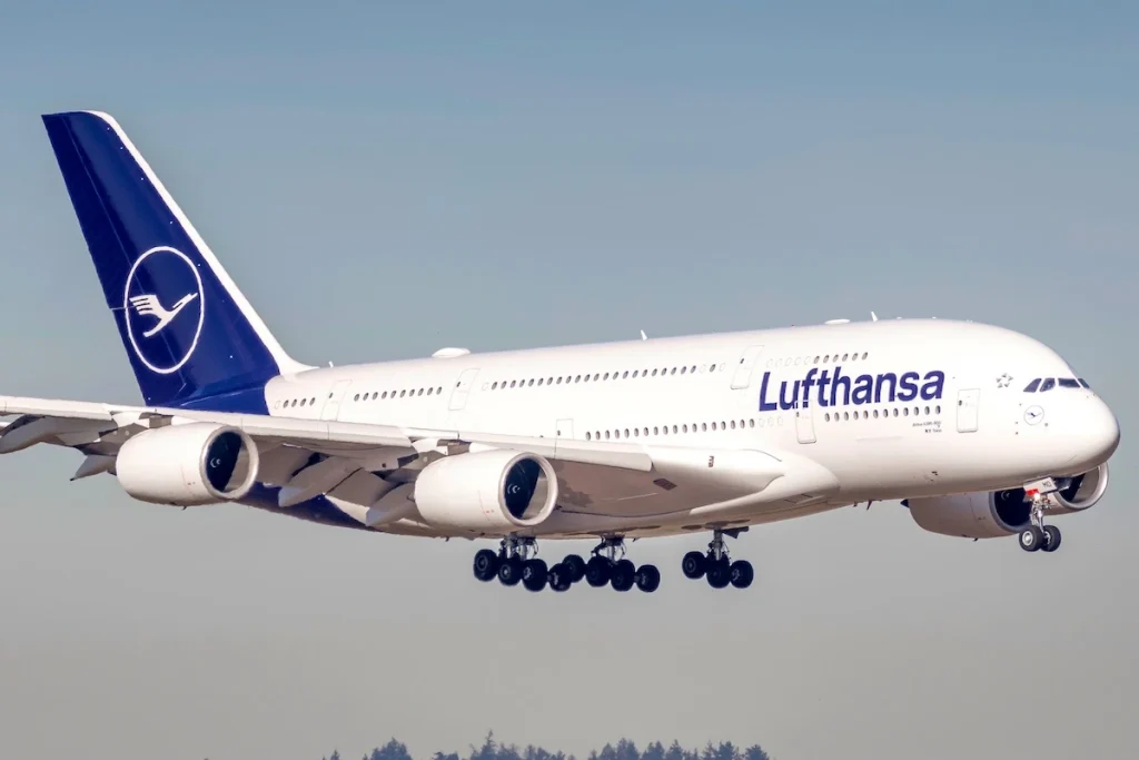Munich, Germany - 24. February 2019 : Lufthansa Airbus A380-841 Tokio with the aircraft registration D-AIMD in the approach to the northern runway of the Munich airport
