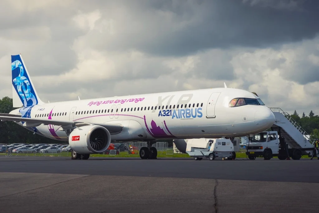 Farnborough, UK - July 26 2024: A CFM LEAP-1A equipped Airbus A321XLR prototype F-WXLR on the flight line preparing for flight display at Farnborough Air Show.