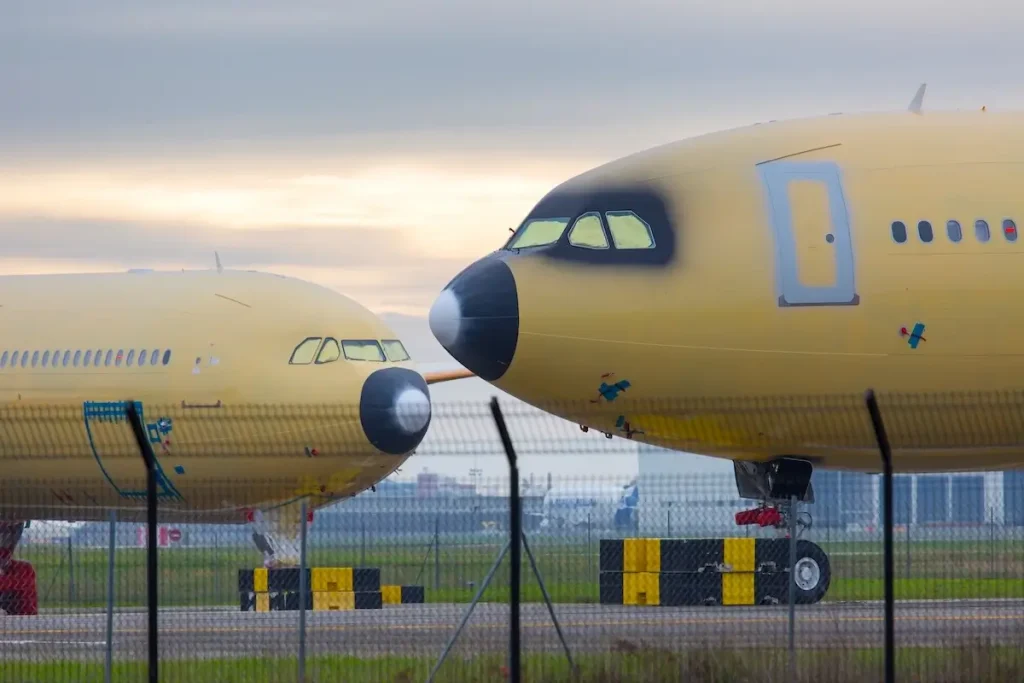 Airbus factory, Blagnac Airport, Toulouse / France - 12.15.2018. Passenger aircraft Airbus A330neo of TAP Portugal. Aircraft nose close-up.