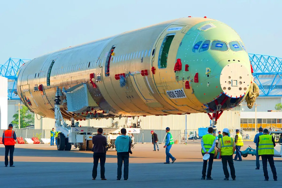 MSN 5000 The first Airbus A350 XWB static airframe fuselage roll-out at the A350 Final Assembly Line in Toulouse, France.
