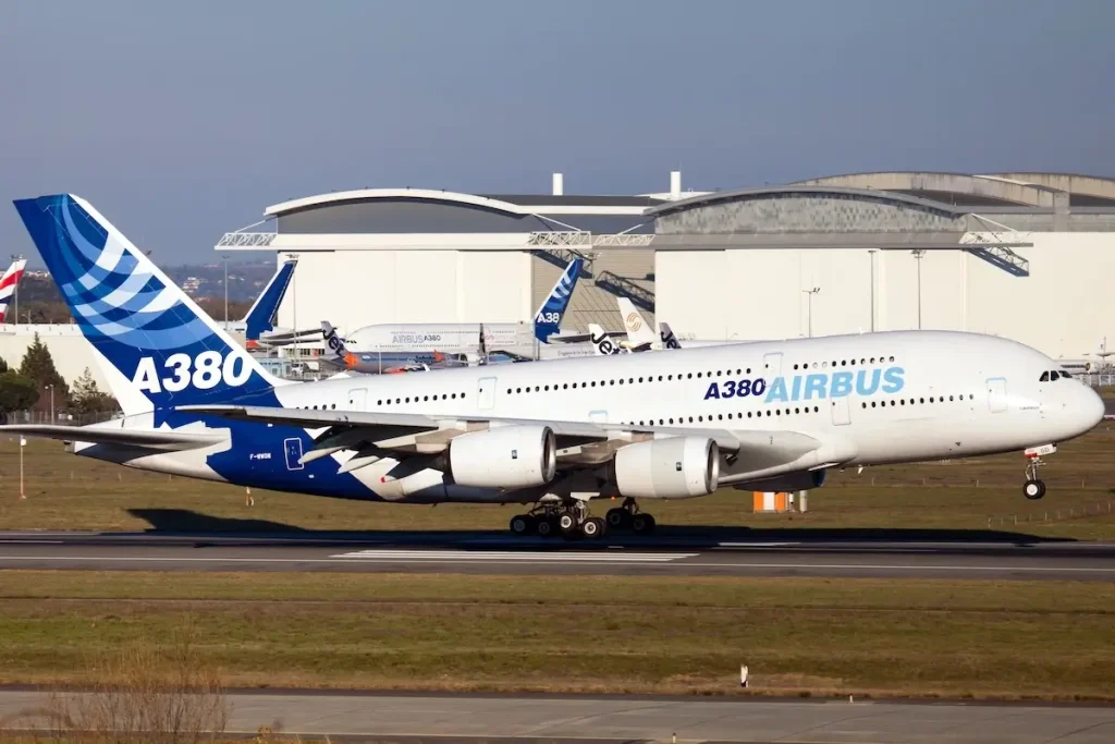 Blagnac Airport, Toulouse / France - 09.11.2018. Airbus production area. The giant aircraft Airbus A380 is landing on the airport runway.
