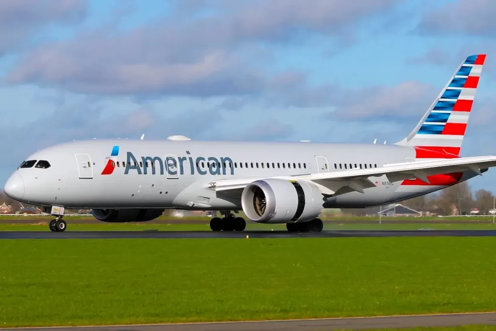 AMSTERDAM, NETHERLAND - MARCH 02, 2024 - American Airlines Boeing 787 landing at Amsterdam Schiphol Airport