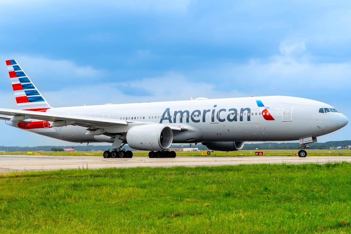 Varese, Italy. June 7, 2025. Boeing 777 American Airlines aircraft is taxiing at MXP Milano Malpensa international airport