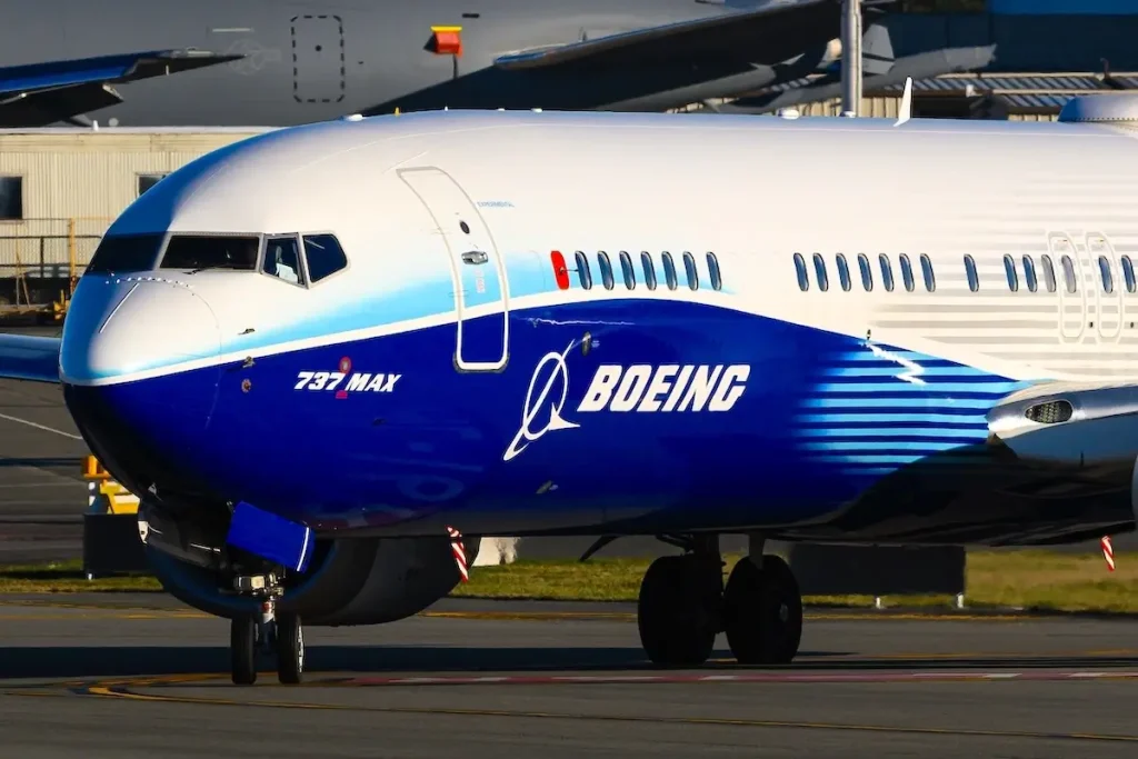 Everett, WA, USA - December 4, 2024; Boeing 737 MAX 10 aircraft taxiing in company colors at Paine Field factory