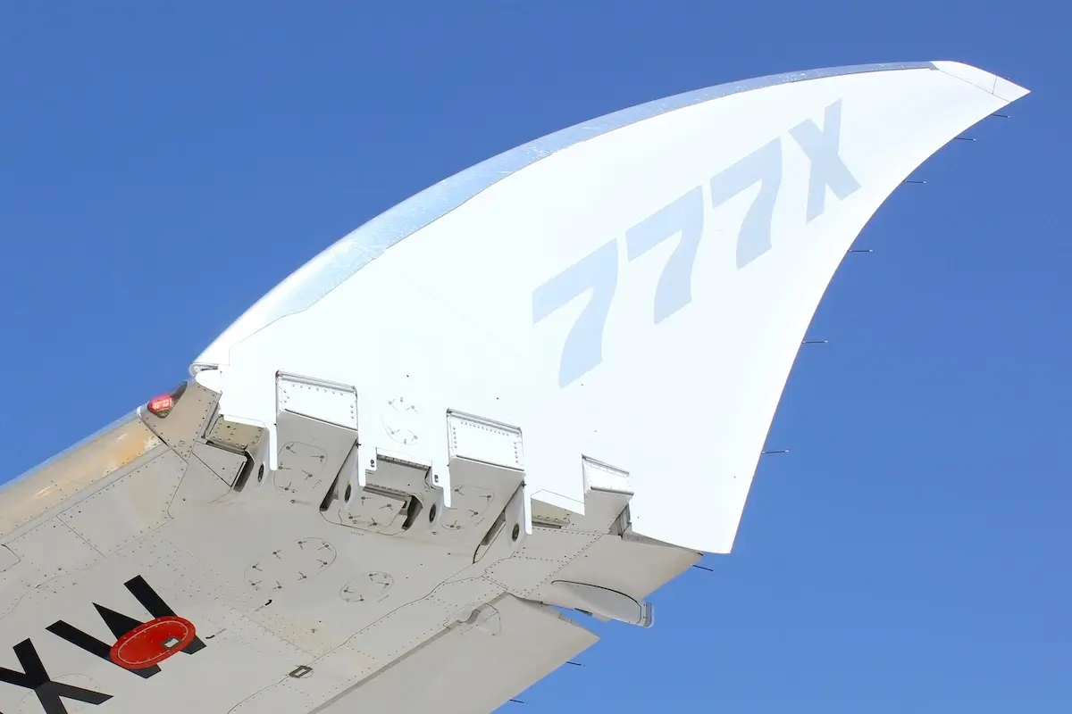 Dubai, UAE - November 14, 2021: Boeing 777X (777-9) flight test aircraft makes its international debut at Dubai Airshow 2021. The 777-9 is Boeing's largest widebody and most efficient twin-engine jet.