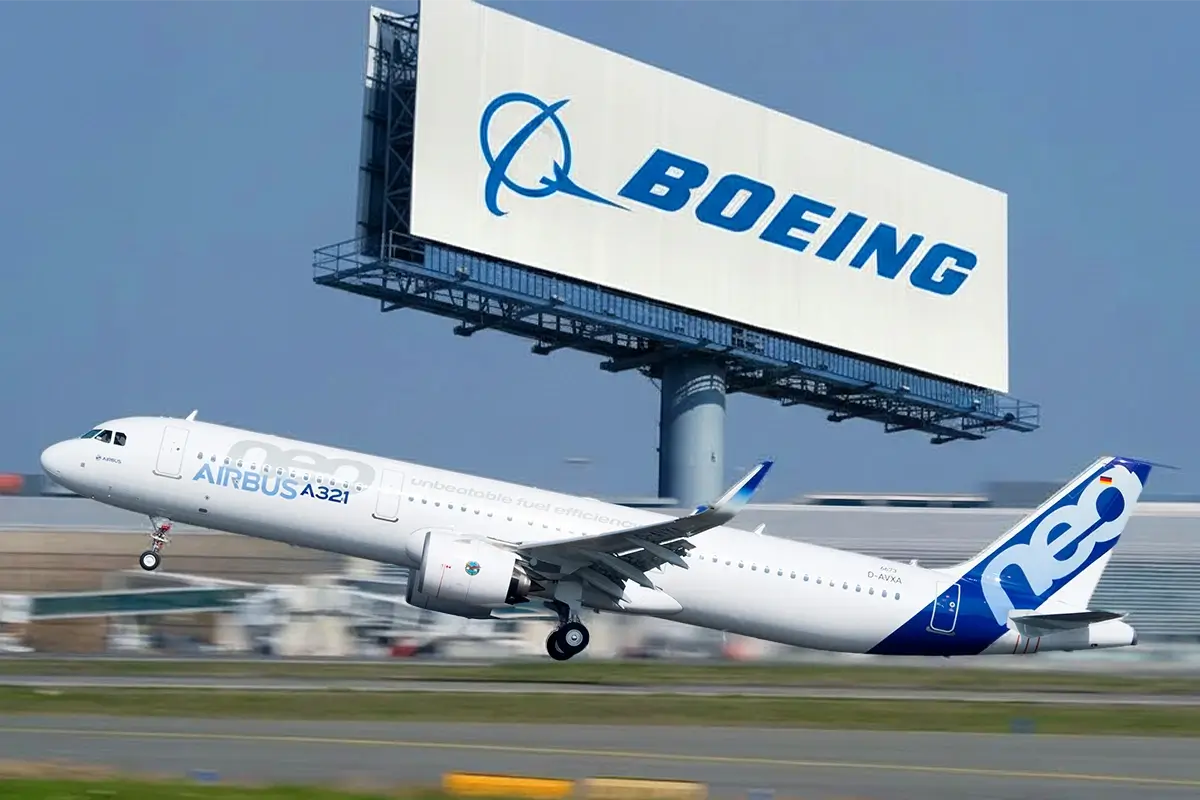 Airbus A321neo departing with a Boeing billboard in the background