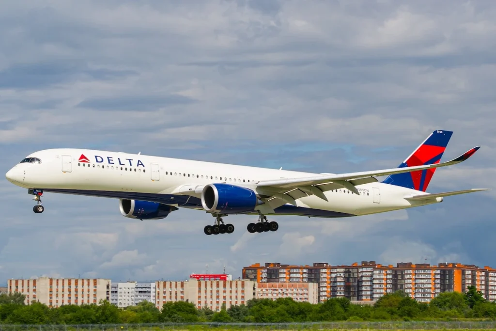 Lviv, Ukraine - July 14th, 2020: Delta Airlines Airbus A350-900 aircraft landing in Lviv. This was the first visit of A350 to Lviv Airport.