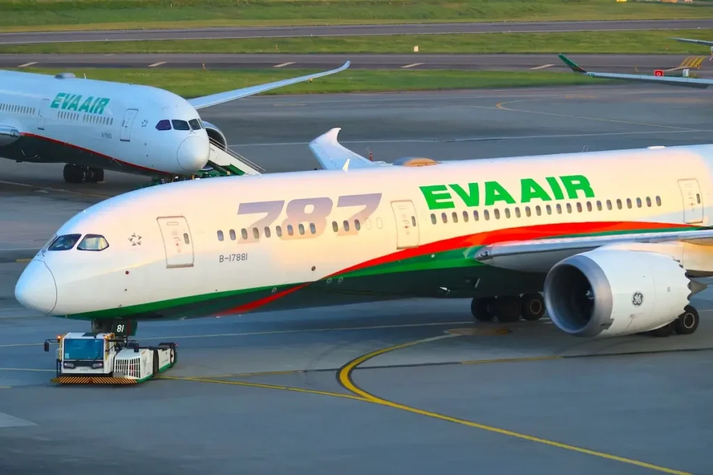 Taipei, Taiwan - May 31st 2025 - EVA Air Boeing 787 Dreamliner preparing for departure at the airport gate.