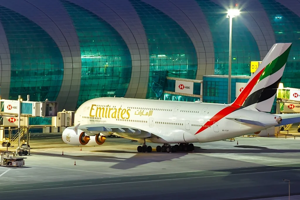 Dubai, United Arab Emirates - May 27, 2021: Emirates Airbus A380 airplanes at Dubai International Airport (DXB) in the United Arab Emirates.