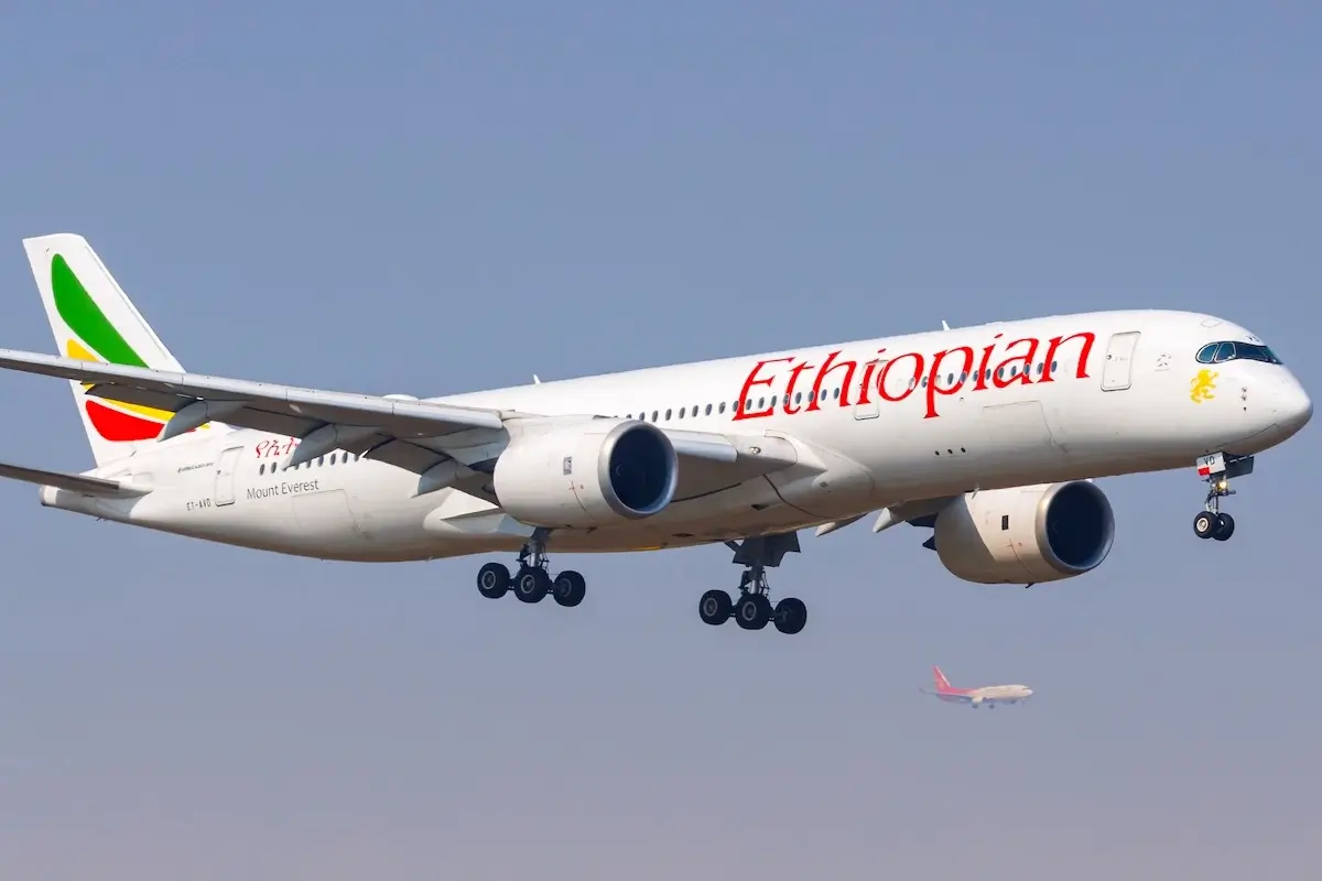 Shanghai, China - April 10, 2024: Ethiopian Airlines Airbus A350-900 airplane at Shanghai Pudong Airport in China.
