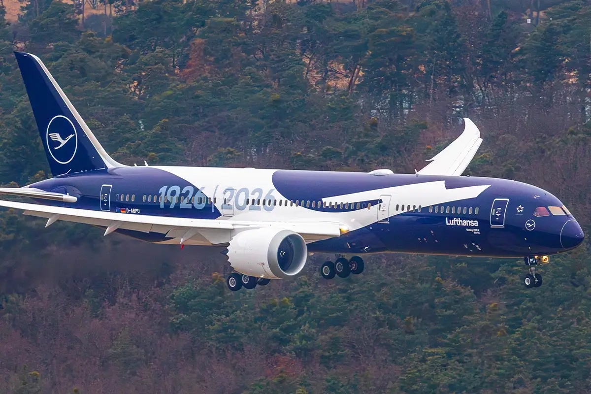 A Lufthansa Boeing 787 arrives wearing the special 100 years livery for the first time