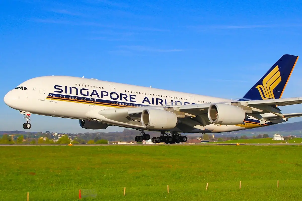 A Singapore Airlines Airbus A380-800 landing at Zurich Airport during a beautiful summer morning on August 10, 2023